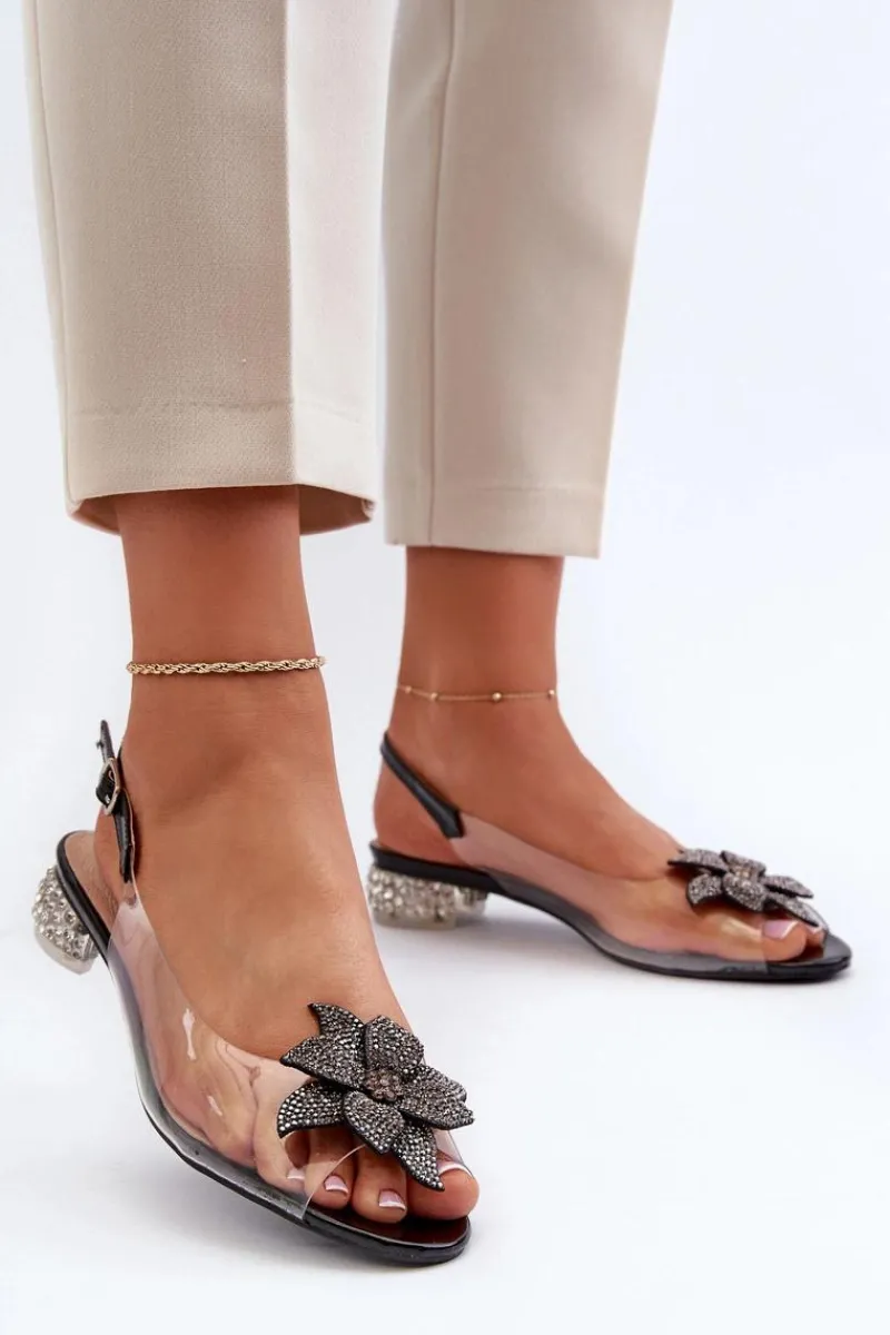 Sandały Na Obcasie>Damskie buty S.Barski Sandały Transparentne Na Niskim Obcasie Z Ozdobą Czarne D&A MR38-383