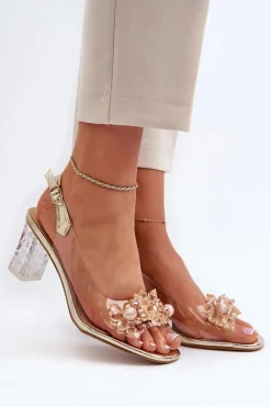 New Damskie buty S.Barski Sandały Transparentne Na Słupku Z Ozdobami Złote D&A MR38-D1