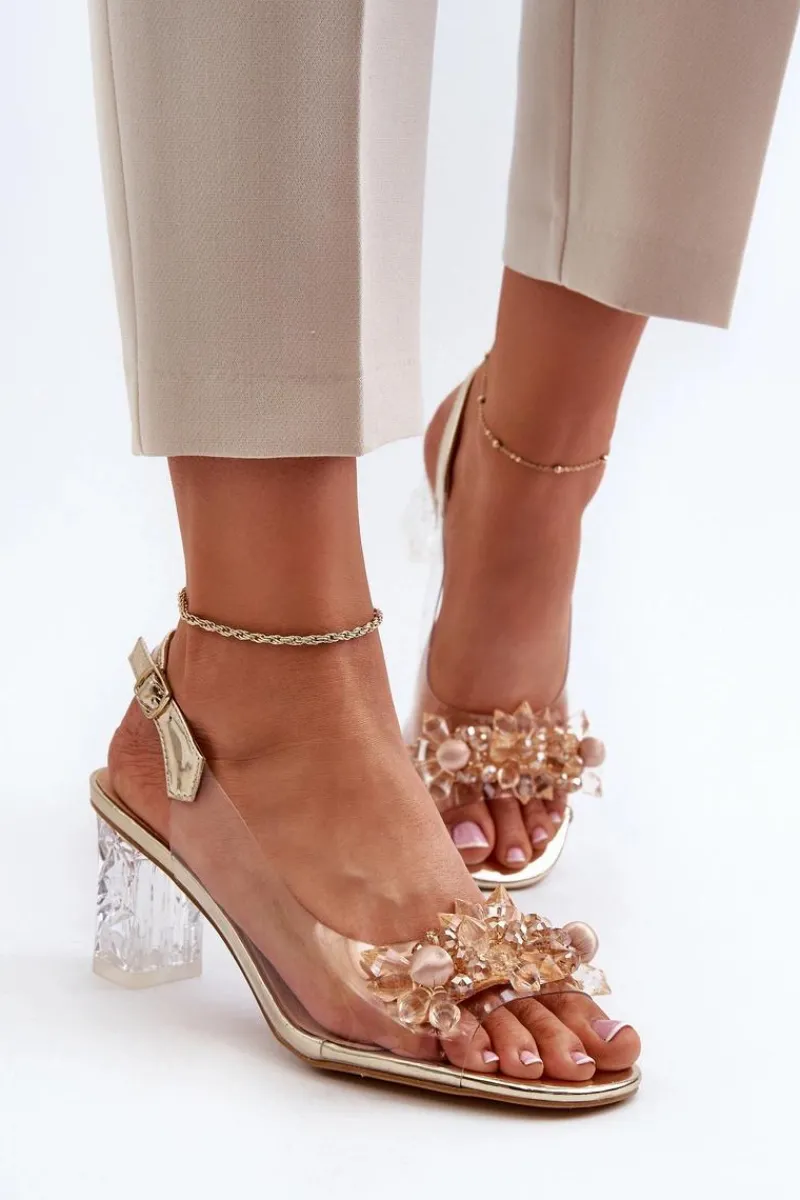 New Damskie buty S.Barski Sandały Transparentne Na Słupku Z Ozdobami Złote D&A MR38-D1