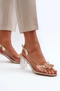 New Damskie buty S.Barski Sandały Transparentne Na Słupku Z Ozdobami Złote D&A MR38-D1