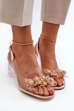 New Damskie buty S.Barski Sandały Transparentne Na Słupku Z Ozdobami Złote D&A MR38-D1