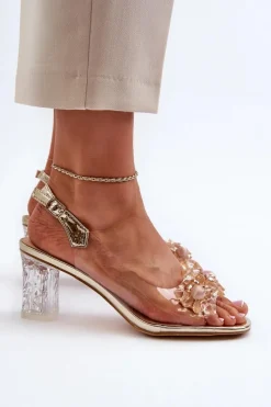 New Damskie buty S.Barski Sandały Transparentne Na Słupku Z Ozdobami Złote D&A MR38-D1
