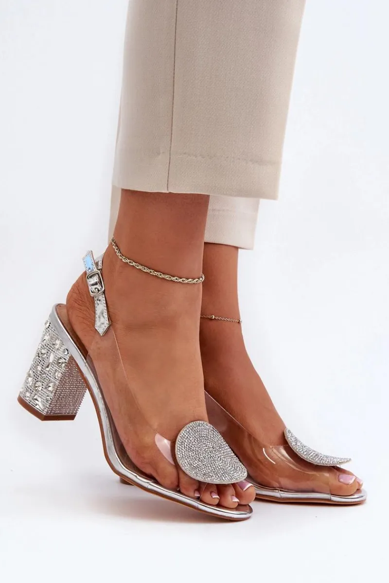 Sandały Na Obcasie>Damskie buty S.Barski Sandały Transparentne Na Słupku Srebrne D&A MR38-812