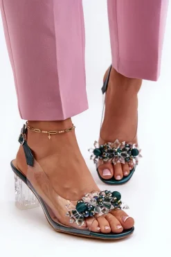 Sandały Na Słupku|Sandały Na Obcasie>Damskie buty S.Barski Sandały Transparentne Na Słupku Z Ozdobami Zielone D&A MR38-D1 Zielony