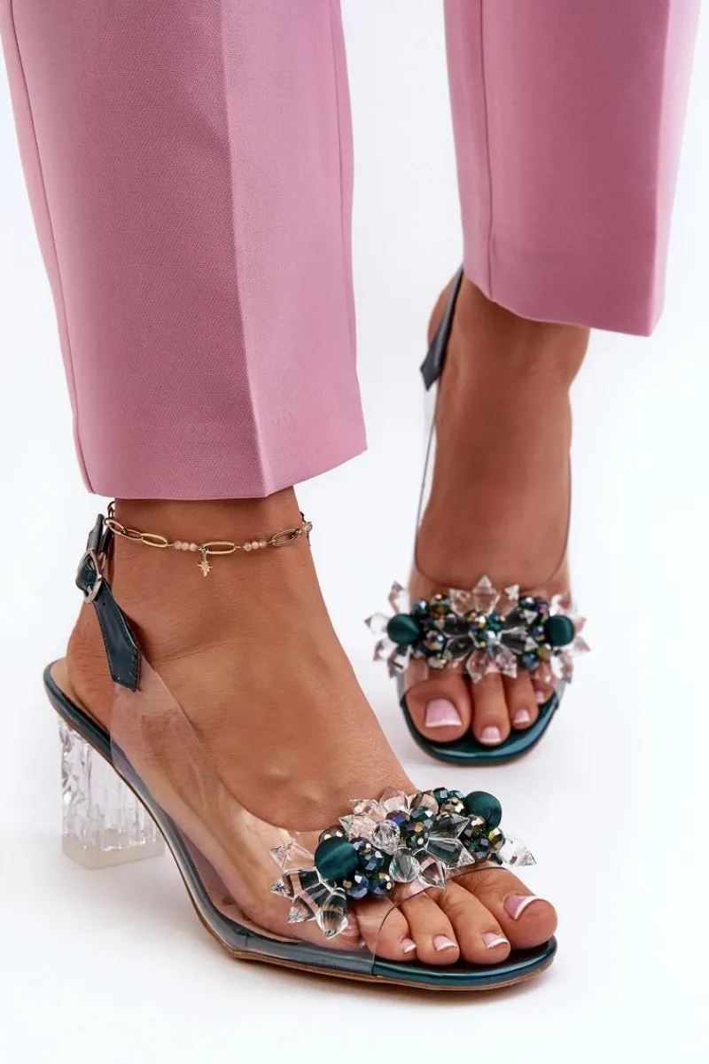 Sandały Na Słupku|Sandały Na Obcasie>Damskie buty S.Barski Sandały Transparentne Na Słupku Z Ozdobami Zielone D&A MR38-D1 Zielony