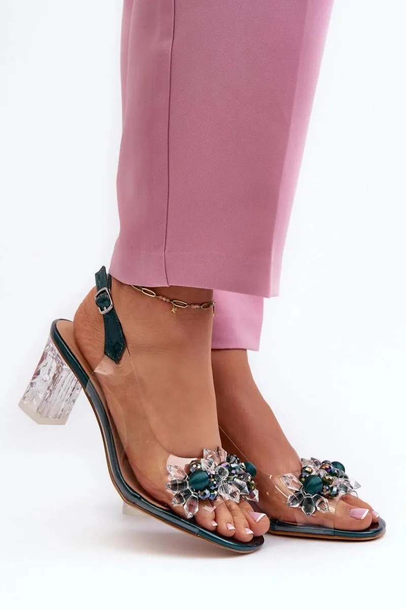 Sandały Na Słupku|Sandały Na Obcasie>Damskie buty S.Barski Sandały Transparentne Na Słupku Z Ozdobami Zielone D&A MR38-D1 Zielony