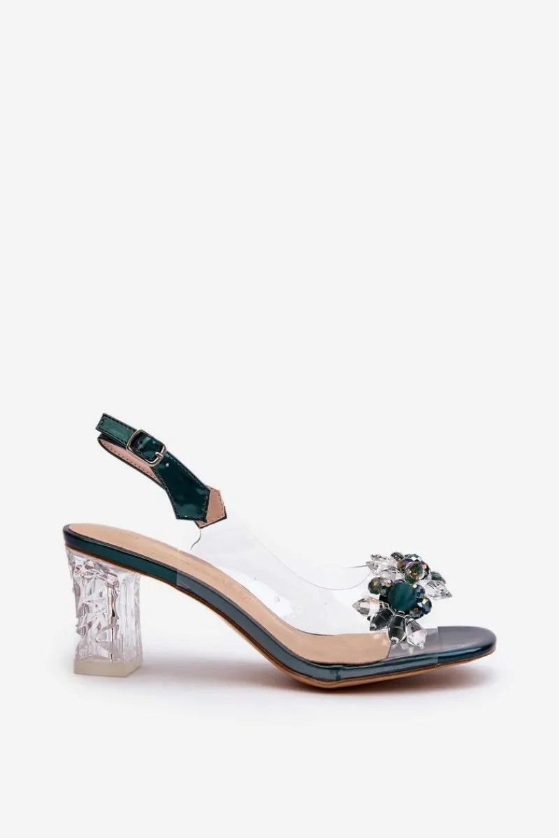 Sandały Na Słupku|Sandały Na Obcasie>Damskie buty S.Barski Sandały Transparentne Na Słupku Z Ozdobami Zielone D&A MR38-D1 Zielony