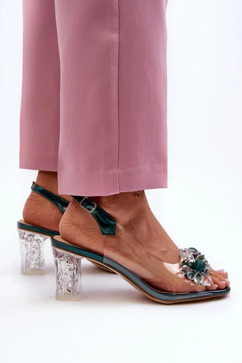 Sandały Na Słupku|Sandały Na Obcasie>Damskie buty S.Barski Sandały Transparentne Na Słupku Z Ozdobami Zielone D&A MR38-D1 Zielony