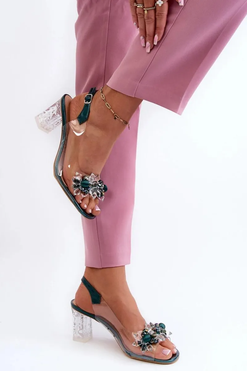 Sandały Na Słupku|Sandały Na Obcasie>Damskie buty S.Barski Sandały Transparentne Na Słupku Z Ozdobami Zielone D&A MR38-D1 Zielony