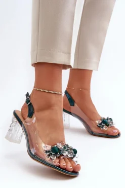 Online Sandały Transparentne Na Słupku Z Ozdobami Zielone D&A MR38-D1 Damskie Sandały Na Obcasie