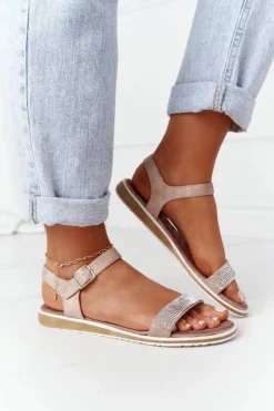 Best Sandały Z Cyrkoniami S.Barski 701-18 Beżowe Damskie Sandały Płaskie