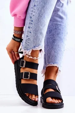 Sandały Z Klamrą Czarne Reese Damskie Sandały Gumowe|Sandały Płaskie