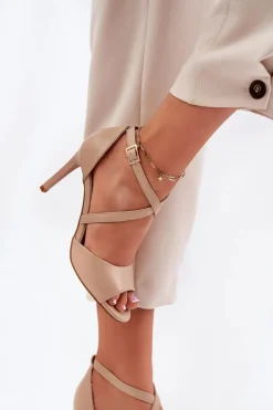 New Sandały Z Przeplatającymi Się Paskami Na Szpilce Sergio Leone SK432 Ciemnobeżowe Damskie Sandały Na Obcasie