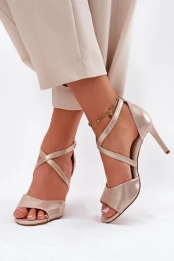 Sandały Na Obcasie>Buty Sergio Leone Sandały Z Przeplatającymi Się Paskami Na Szpilce Sergio Leone SK432 Złote Satynowe