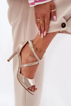 Sandały Na Obcasie></noscript>Buty Sergio Leone Sandały Z Przeplatającymi Się Paskami Na Szpilce Sergio Leone SK432 Złote Satynowe