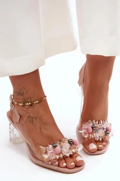 Sale Sandały Zdobione Na Obcasie Różowe S.Barski MR1037-16 Damskie Sandały Na Obcasie