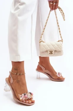 Sale Sandały Zdobione Na Obcasie Różowe S.Barski MR1037-16 Damskie Sandały Na Obcasie