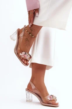 Sale Sandały Zdobione Na Obcasie Różowe S.Barski MR1037-16 Damskie Sandały Na Obcasie