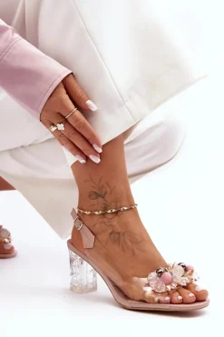 Sale Sandały Zdobione Na Obcasie Różowe S.Barski MR1037-16 Damskie Sandały Na Obcasie