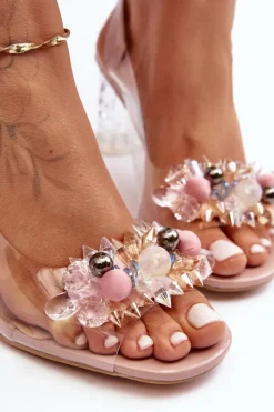 Sale Sandały Zdobione Na Obcasie Różowe S.Barski MR1037-16 Damskie Sandały Na Obcasie