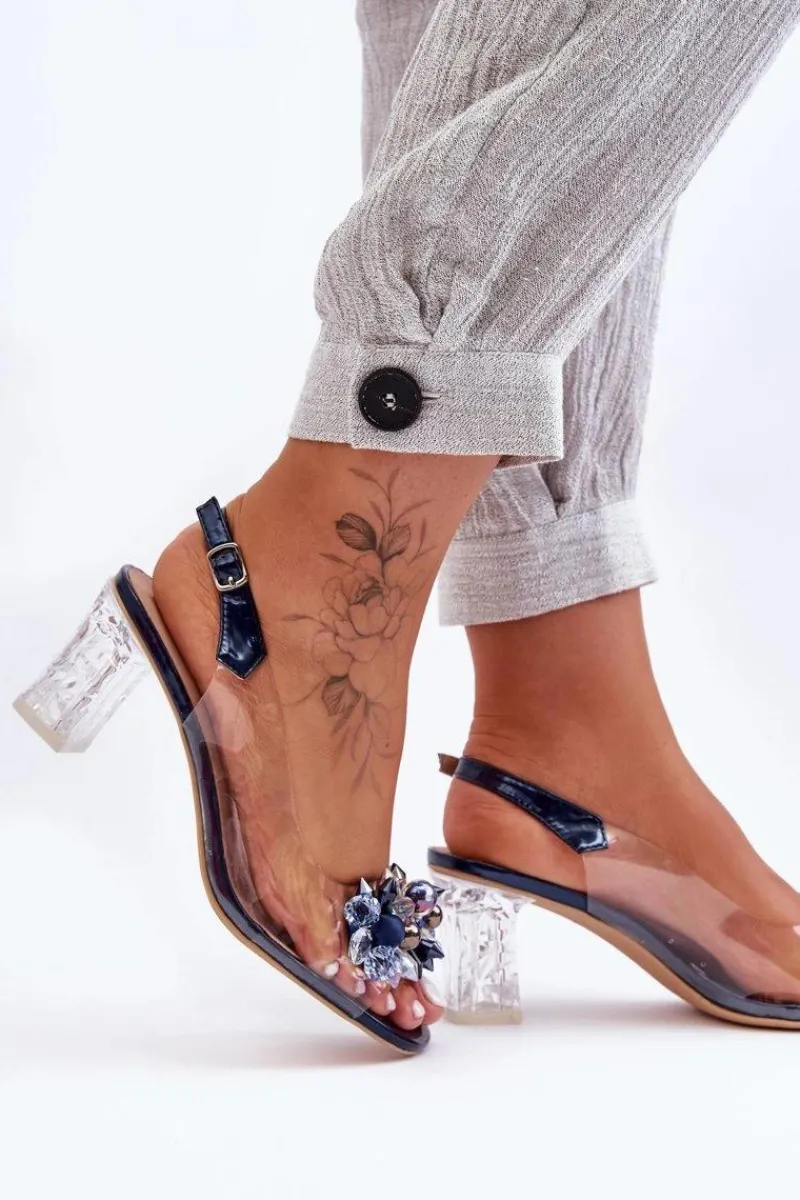 Sandały Zdobione Na Obcasie Granatowe S.Barski MR1037-16 Damskie Sandały Na Obcasie