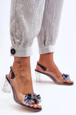 Sandały Zdobione Na Obcasie Granatowe S.Barski MR1037-16 Damskie Sandały Na Obcasie