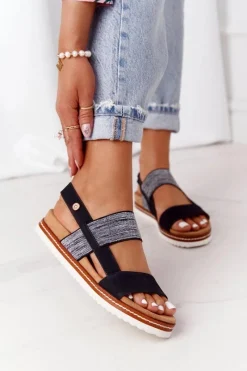 Sale Evento Sandały Ze Srebrnym Ściągaczem Czarne Almeria