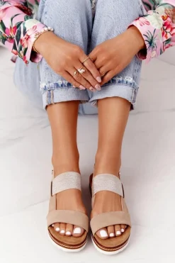 Best Sandały Ze Srebrnym Ściągaczem Beżowe Almeria Damskie Sandały Płaskie