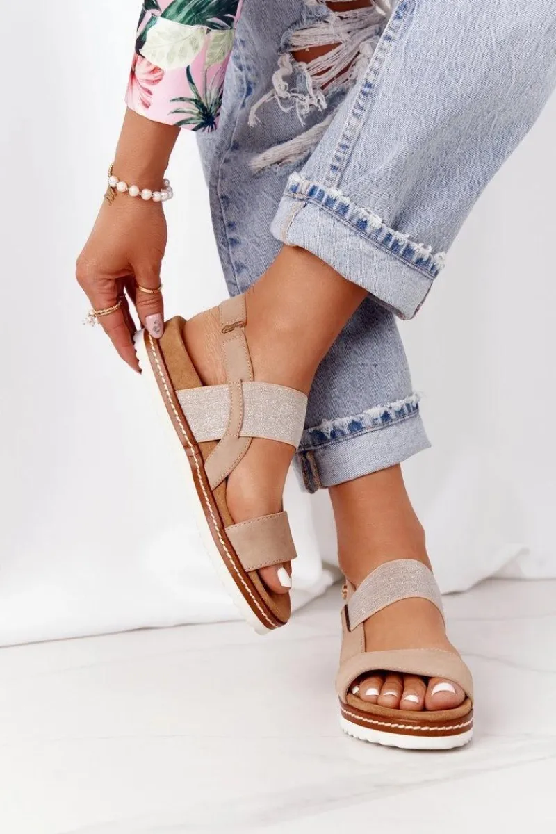 Best Sandały Ze Srebrnym Ściągaczem Beżowe Almeria Damskie Sandały Płaskie