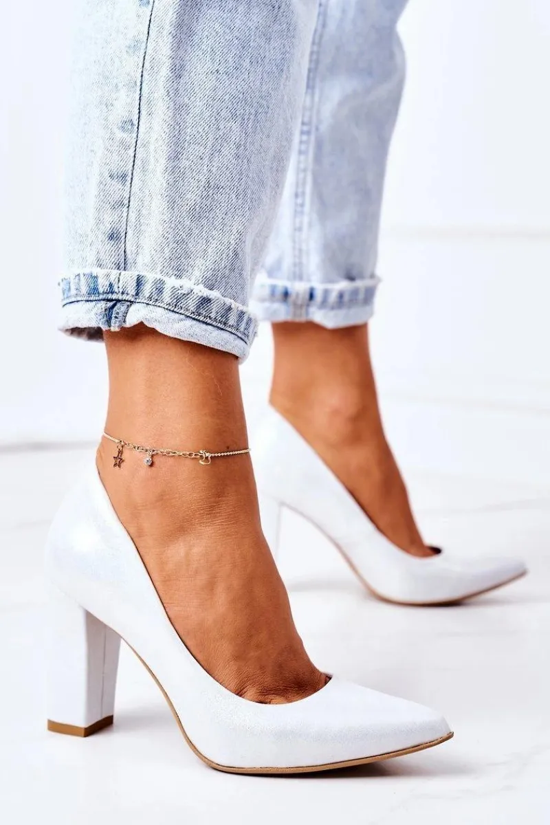 Discount Satynowe Czółenka Lewski Shoes 2453 Srebrne Damskie Czółenka Na Słupku