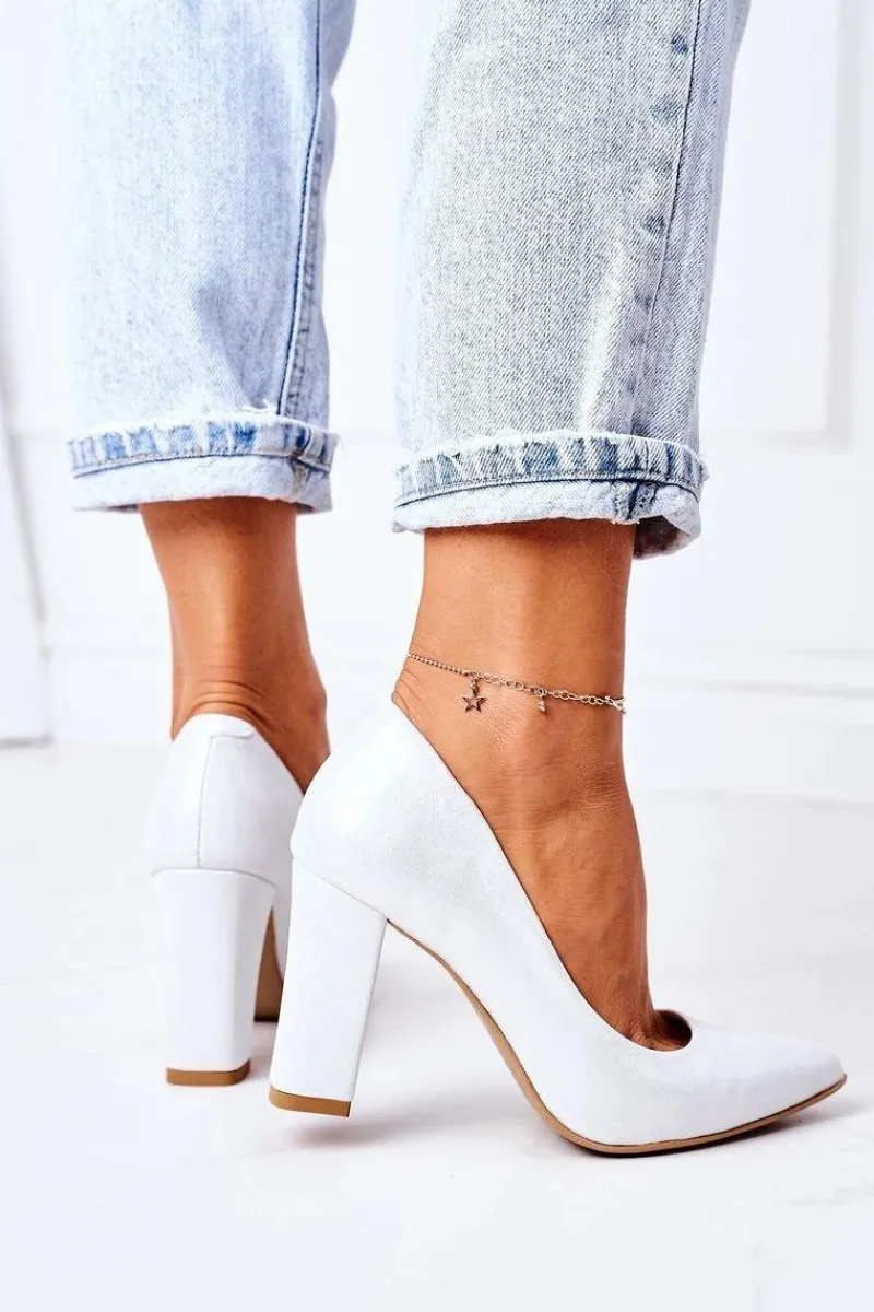 Discount Satynowe Czółenka Lewski Shoes 2453 Srebrne Damskie Czółenka Na Słupku