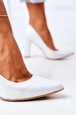 Discount Satynowe Czółenka Lewski Shoes 2453 Srebrne Damskie Czółenka Na Słupku