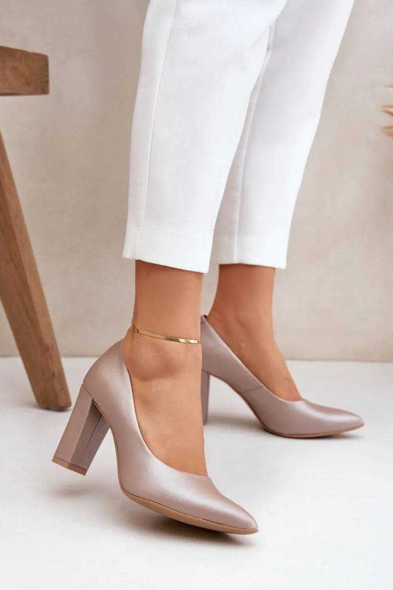 Best Satynowe Czółenka Lewski Shoes 2453 Beżowe Damskie Czółenka Na Słupku
