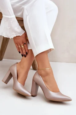 Best Satynowe Czółenka Lewski Shoes 2453 Beżowe Damskie Czółenka Na Słupku