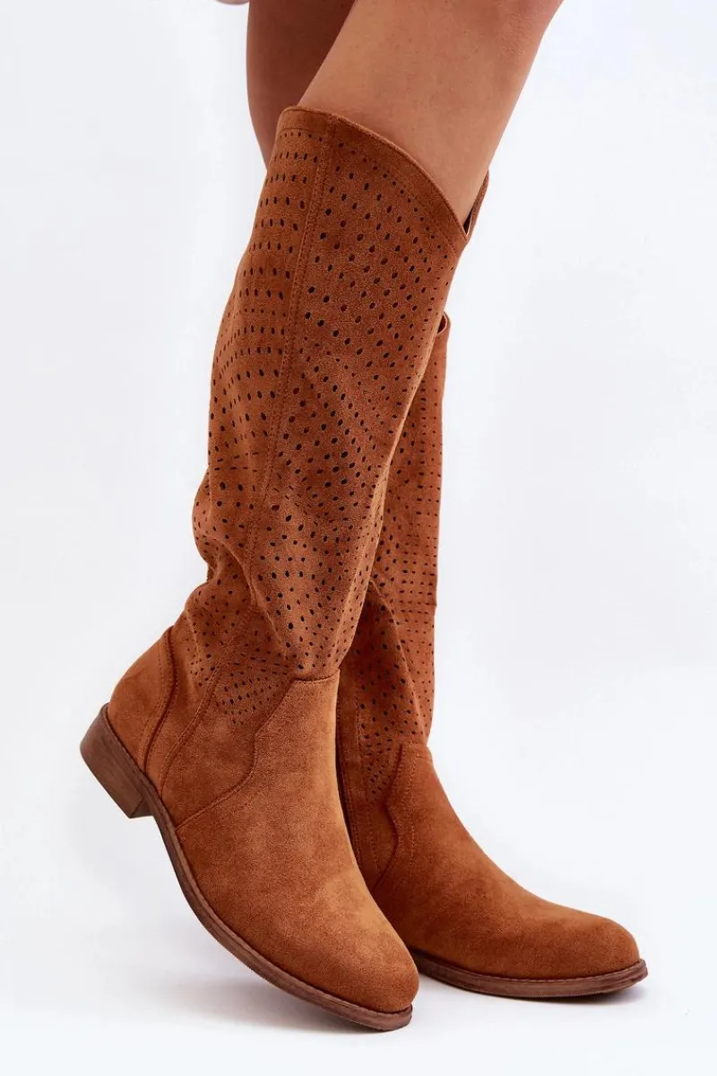Online S.Barski HY66-150 Ażurowe Kozaki Na Płaskim Obcasie Camel Damskie Kozaki Wiosenne|Kozaki Ażurowe