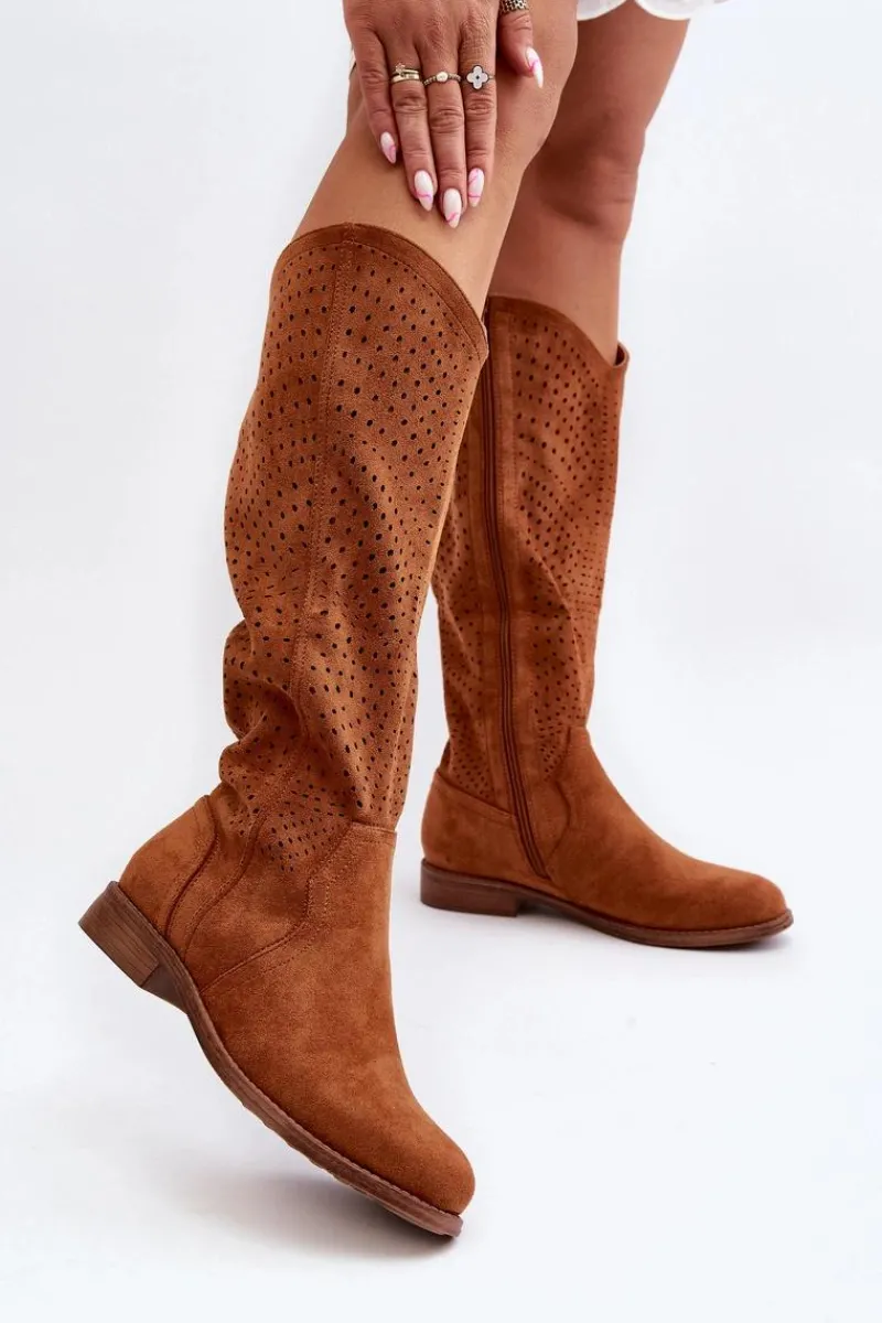 Online S.Barski HY66-150 Ażurowe Kozaki Na Płaskim Obcasie Camel Damskie Kozaki Wiosenne|Kozaki Ażurowe