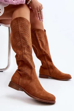 Online S.Barski HY66-150 Ażurowe Kozaki Na Płaskim Obcasie Camel Damskie Kozaki Wiosenne|Kozaki Ażurowe