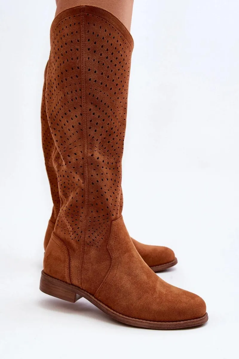 Online S.Barski HY66-150 Ażurowe Kozaki Na Płaskim Obcasie Camel Damskie Kozaki Wiosenne|Kozaki Ażurowe