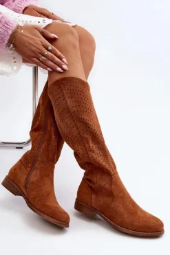 Online S.Barski HY66-150 Ażurowe Kozaki Na Płaskim Obcasie Camel Damskie Kozaki Wiosenne|Kozaki Ażurowe