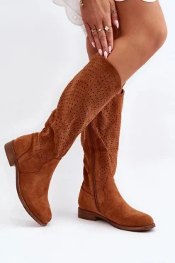 Online S.Barski HY66-150 Ażurowe Kozaki Na Płaskim Obcasie Camel Damskie Kozaki Wiosenne|Kozaki Ażurowe