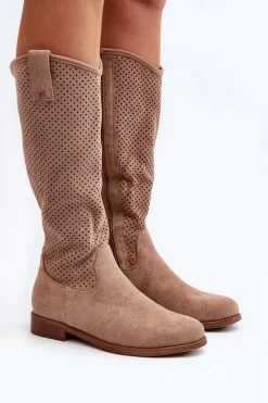 Sale S.Barski HY66-139 Ażurowe Kozaki Damskie Beżowe Damskie Kozaki Wiosenne|Kozaki Ażurowe