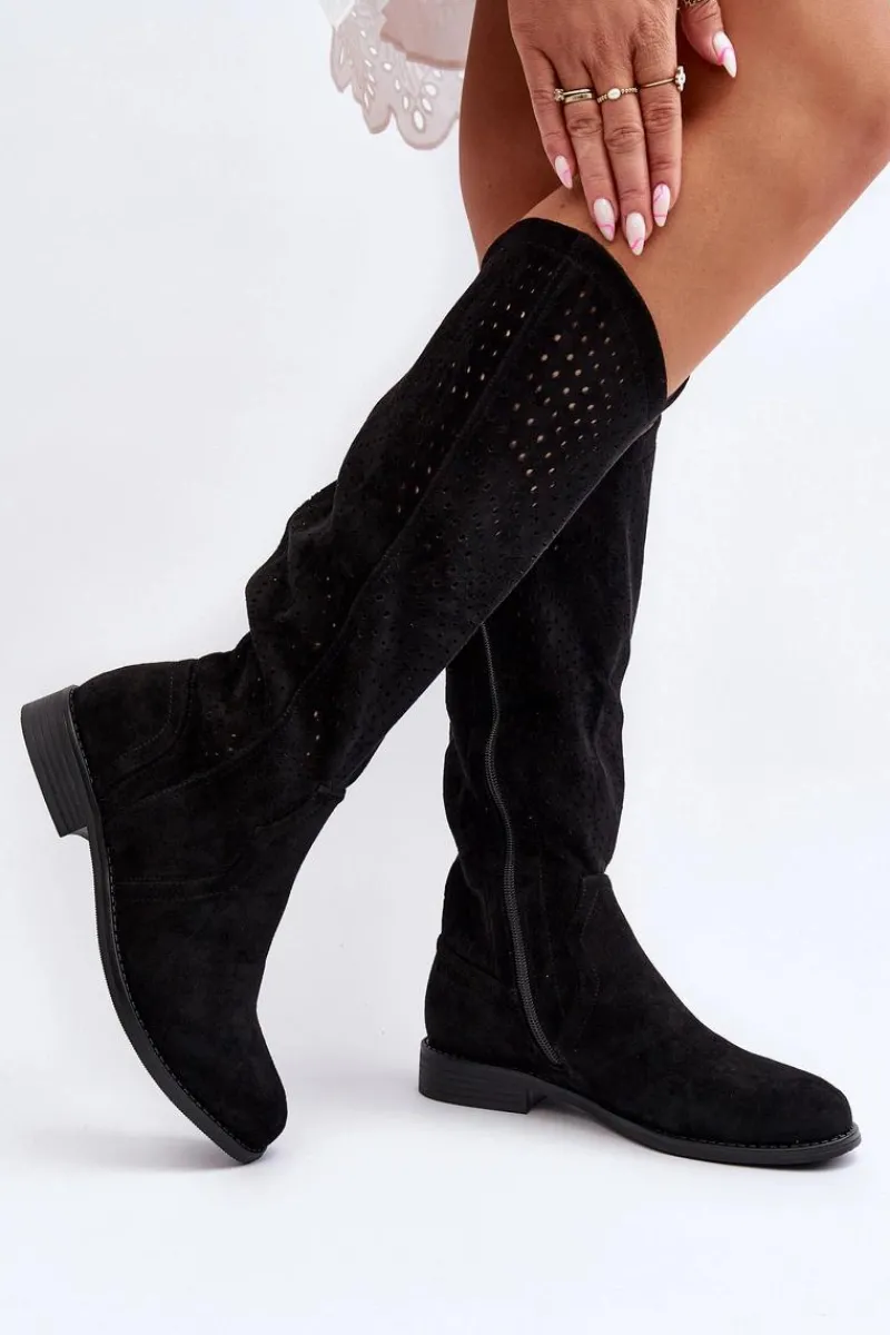 Kozaki Wiosenne|Kozaki Ażurowe>Damskie buty S.Barski S.Barski HY66-150 Ażurowe Kozaki Na Płaskim Obcasie Czarne