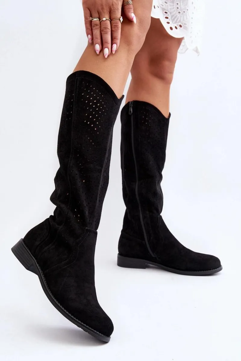 Kozaki Wiosenne|Kozaki Ażurowe>Damskie buty S.Barski S.Barski HY66-150 Ażurowe Kozaki Na Płaskim Obcasie Czarne