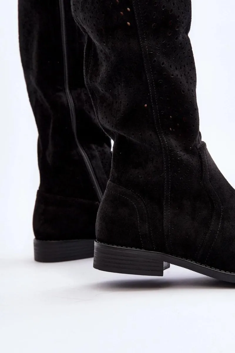 Kozaki Wiosenne|Kozaki Ażurowe>Damskie buty S.Barski S.Barski HY66-150 Ażurowe Kozaki Na Płaskim Obcasie Czarne