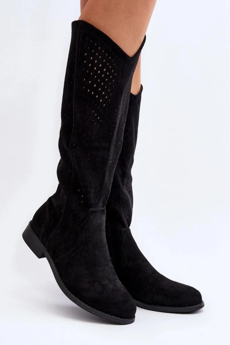 Kozaki Wiosenne|Kozaki Ażurowe>Damskie buty S.Barski S.Barski HY66-150 Ażurowe Kozaki Na Płaskim Obcasie Czarne