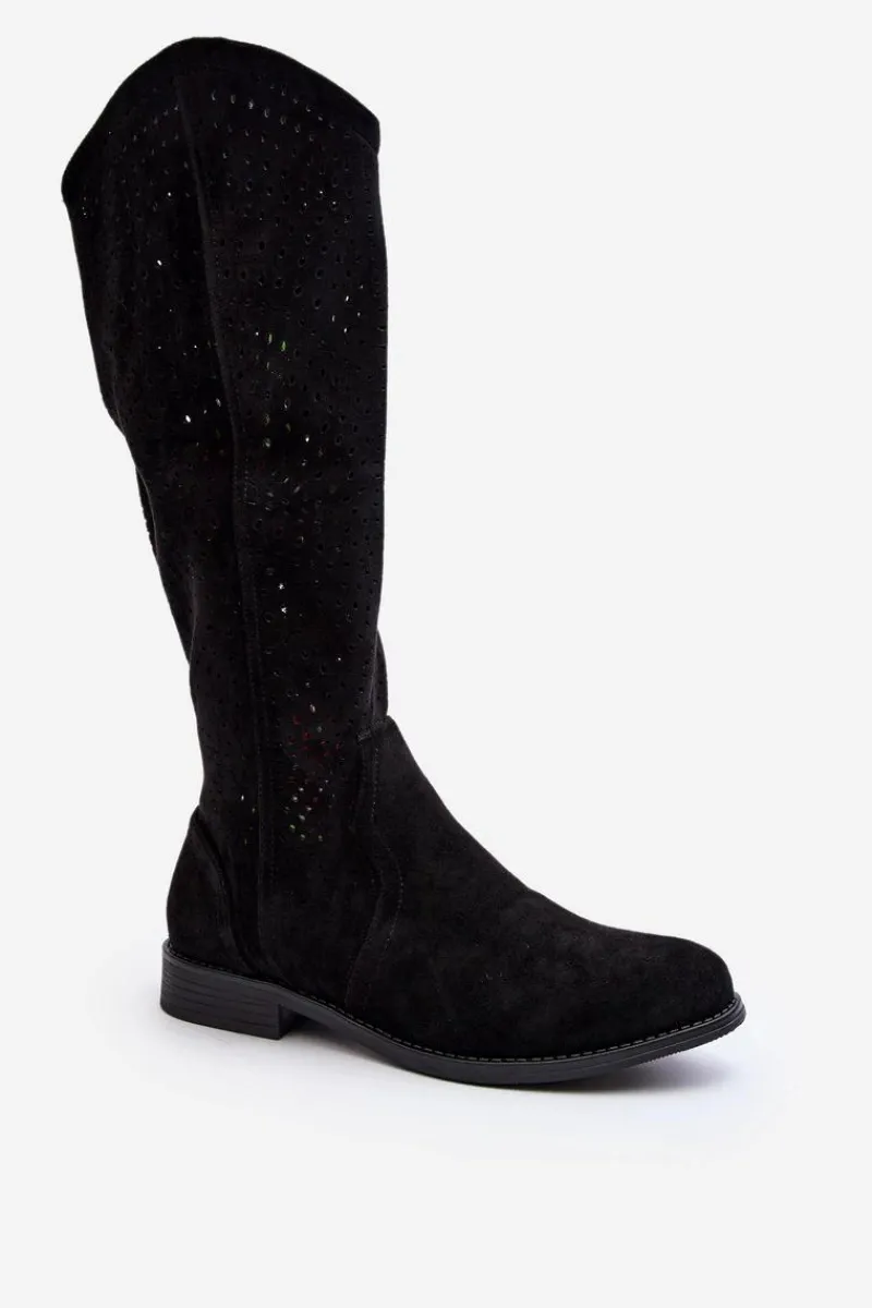 Kozaki Wiosenne|Kozaki Ażurowe>Damskie buty S.Barski S.Barski HY66-150 Ażurowe Kozaki Na Płaskim Obcasie Czarne