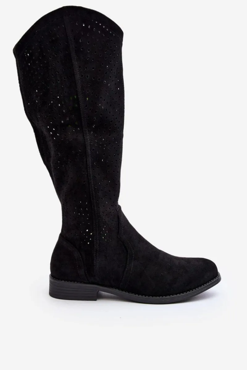 Kozaki Wiosenne|Kozaki Ażurowe>Damskie buty S.Barski S.Barski HY66-150 Ażurowe Kozaki Na Płaskim Obcasie Czarne