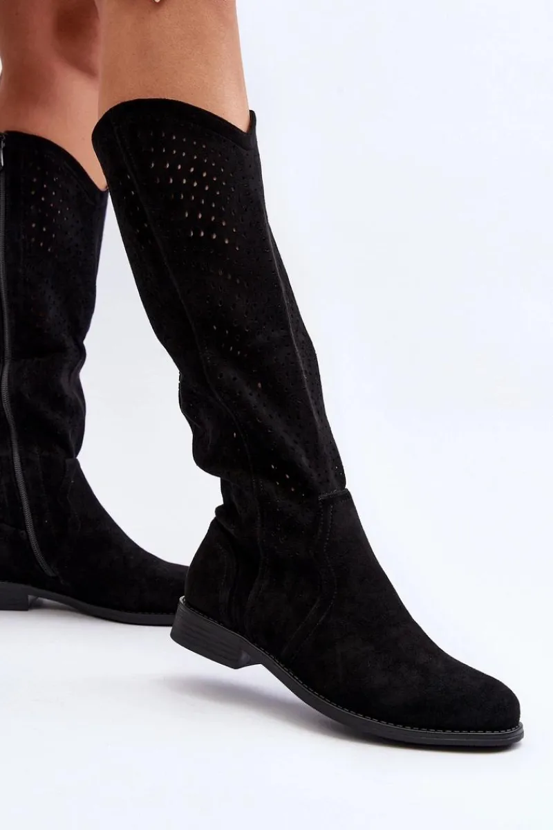 Kozaki Wiosenne|Kozaki Ażurowe>Damskie buty S.Barski S.Barski HY66-150 Ażurowe Kozaki Na Płaskim Obcasie Czarne