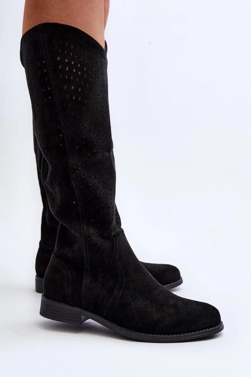 Kozaki Wiosenne|Kozaki Ażurowe>Damskie buty S.Barski S.Barski HY66-150 Ażurowe Kozaki Na Płaskim Obcasie Czarne