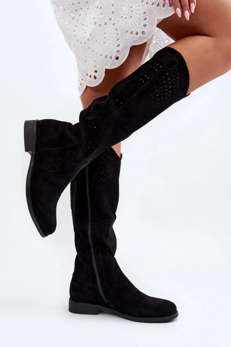 Kozaki Wiosenne|Kozaki Ażurowe>Damskie buty S.Barski S.Barski HY66-150 Ażurowe Kozaki Na Płaskim Obcasie Czarne